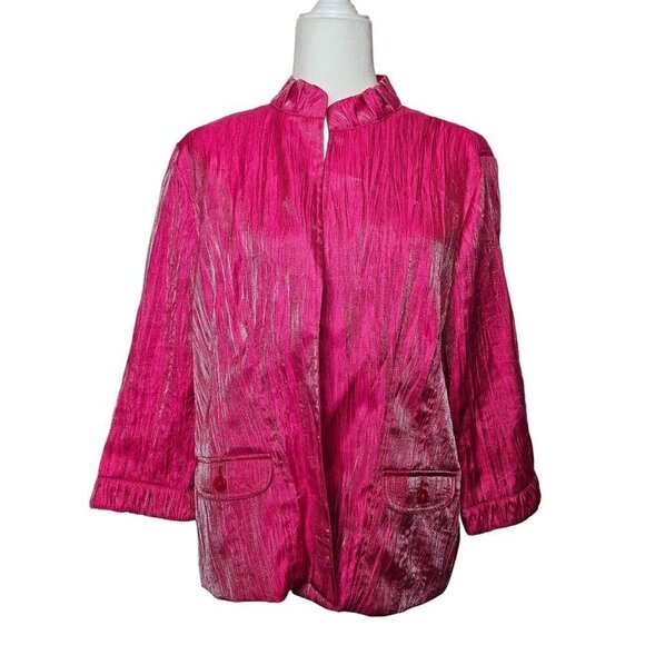 CHICO'S Jacket Blazer Sz Large 12 Hot Pink Crinkle Barbie Open Front Barbiecore - Picture 1 of 12